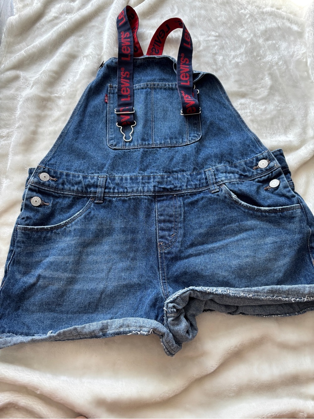 Levi's Dark Blue Denim Short Overalls with Red Logo Straps